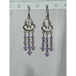 Love Silver Tone Purple Beaded Chandelier Dangle Earrings